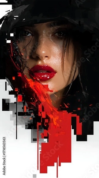 Fototapeta digital abstract portrait shows a woman with red lips, dark eyes, and fragmented glitch-like effects.