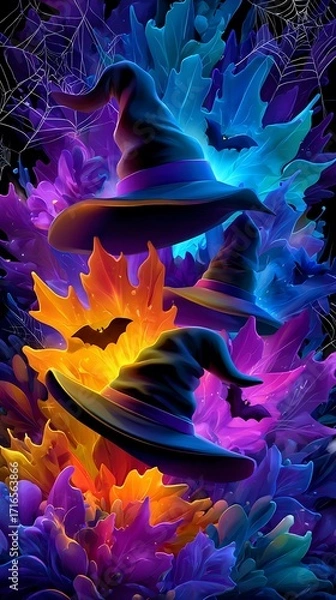 Fototapeta Three witch hats float among glowing leaves, bats, and spiderwebs in a magical Halloween atmosphere.