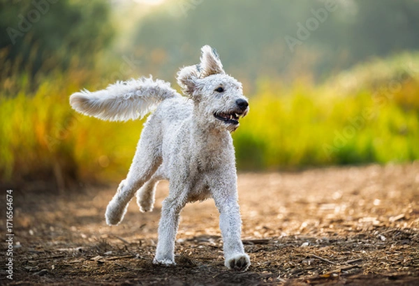 Fototapeta 2024-12-31 A WHITE CURLY DOODLE RUNNING IN A OPEN FIELD WITH ITS EARS FLYING AND NICE EYES AT THE OFF LEASH DOG AREA AT MARYMOOR PARK IN REDMOND WASHINGTON