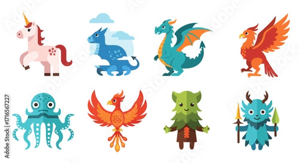 Fototapeta Collection of colorful cartoon mythical creatures - unicorn, dragon, phoenix, octopus, and forest spirit.