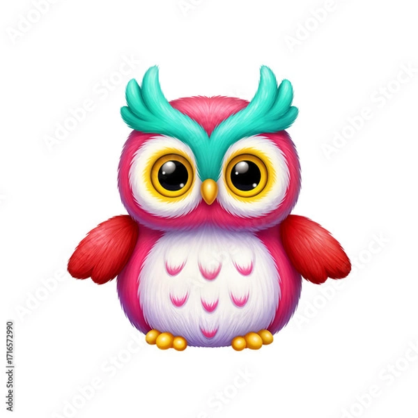 Fototapeta Cute Cartoon Owl Illustration with Bright Turquoise Eyebrows and Pink Belly