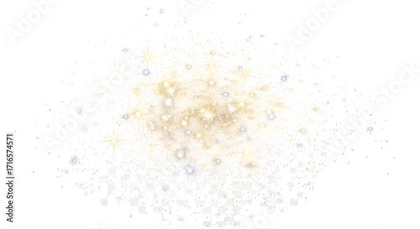 Fototapeta A luminous explosion of bright white and gold sparkles against a deep black background