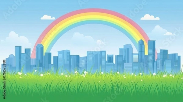 Obraz Cityscape with rainbow and grass
