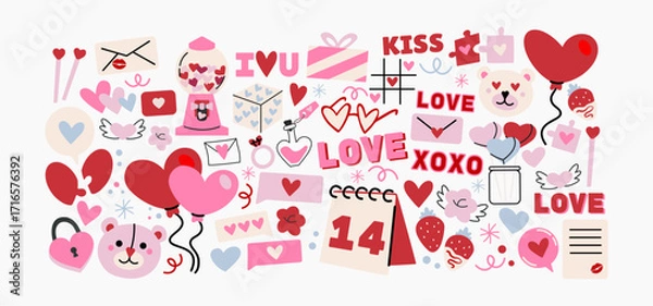 Fototapeta Cartoon stickers for St. Valentine's Day in retro 90s style. February 14th romantic elements, hearts, boquets, love, gifts, flowers. Vector handraw Love and Romantic Symbols shapes lovely set.