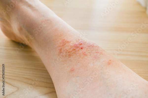 Fototapeta 保湿クリームを塗った足の湿疹