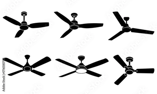 Fototapeta Ceiling Fan Silhouette Set Modern and Classic Black Vector Icons