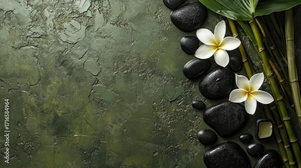 Obraz Spa stones and flowers on dark background