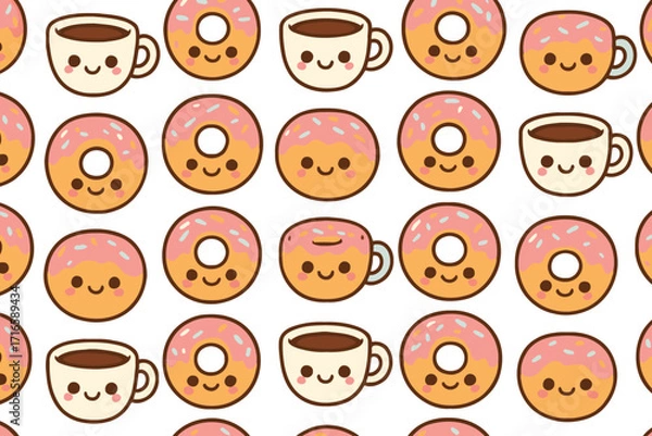 Obraz Cute kawaii donuts and coffee cups pattern seamless repeating background