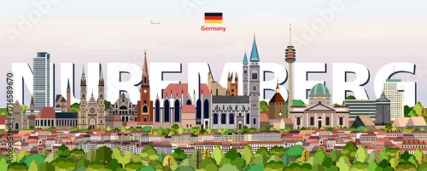 Fototapeta Nuremberg cityscape colorful vector illustration with a big city name on the background. Travel trendy poster