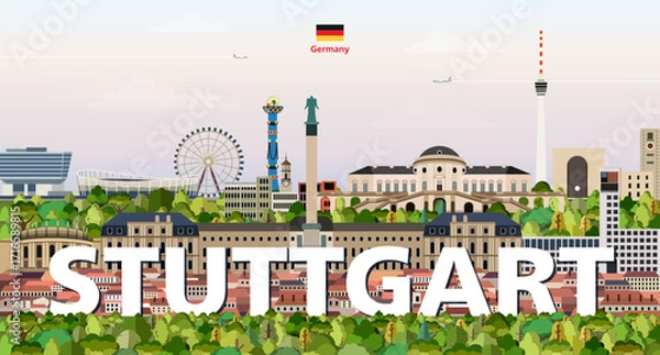 Fototapeta Stuttgart cityscape colorful vector illustration with a big city name on the background. Travel trendy poster