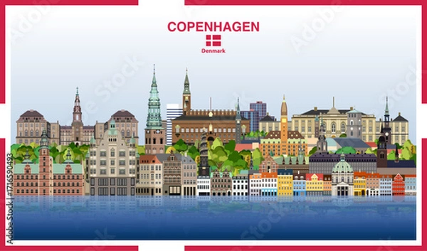 Fototapeta Copenhagen city skyline with a frame border in the colors of the flag of Denmark. Vector illustration