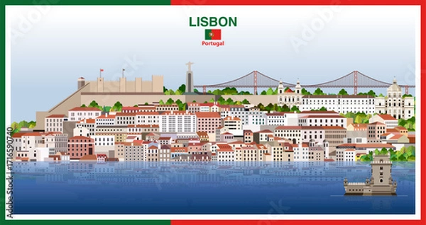 Fototapeta Lisbon city skyline with a frame border in the colors of the flag of Portugal. Vector illustration