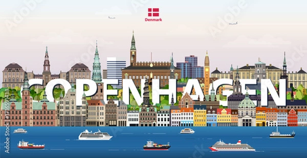 Fototapeta Copenhagen cityscape colorful vector illustration with a big city name on the background. Travel trendy poster