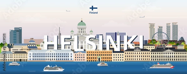 Fototapeta Helsinki cityscape colorful vector illustration with a big city name on the background. Travel trendy poster