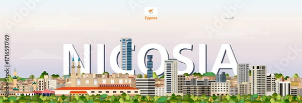 Fototapeta Nicosia cityscape colorful vector illustration with a big city name on the background. Travel trendy poster