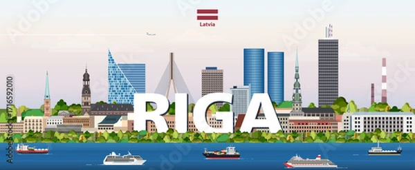 Fototapeta Riga cityscape colorful vector illustration with a big city name on the background. Travel trendy poster