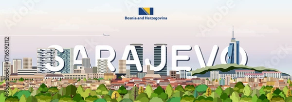 Fototapeta Sarajevo cityscape colorful vector illustration with a big city name on the background. Travel trendy poster