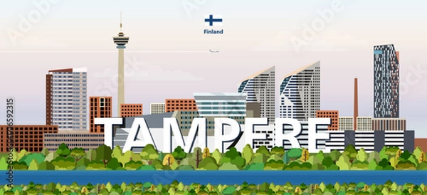Fototapeta Tampere cityscape colorful vector illustration with a big city name on the background. Travel trendy poster