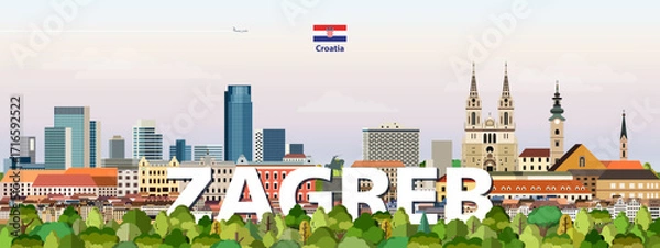 Fototapeta Zagreb cityscape colorful vector illustration with a big city name on the background. Travel trendy poster