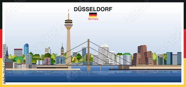 Fototapeta Dusseldorf city skyline with a frame border in the colors of the German flag. Vector illustration