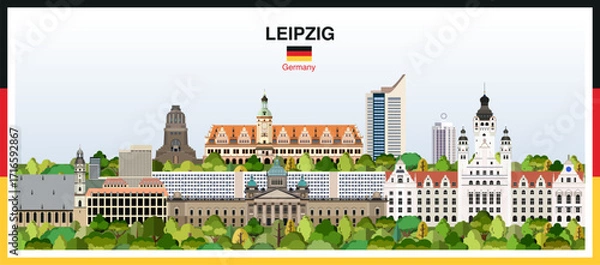 Fototapeta Leipzig city skyline with a frame border in the colors of the German flag. Vector illustration