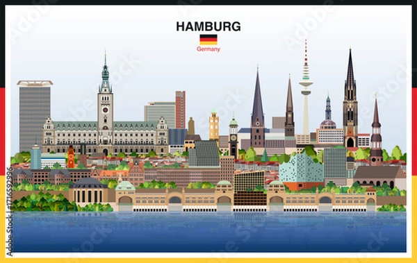 Fototapeta Hamburg city skyline on a gradient beautiful day sky background. Vector illustration