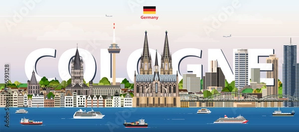Fototapeta Cologne cityscape colorful vector illustration with a big city name on the background. Travel trendy poster