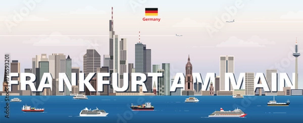 Fototapeta Frankfurt cityscape colorful vector illustration with a big city name on the background. Travel trendy poster