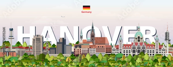 Fototapeta Hanover cityscape colorful vector illustration with a big city name on the background. Travel trendy poster