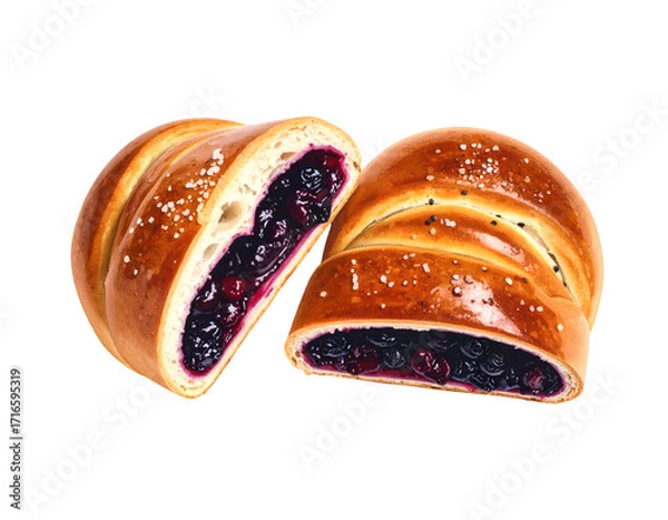 Obraz Blueberry filled brioche rolls cut in halves, glossy golden crust with sesame sprinkles and juicy berry jam on isolated background