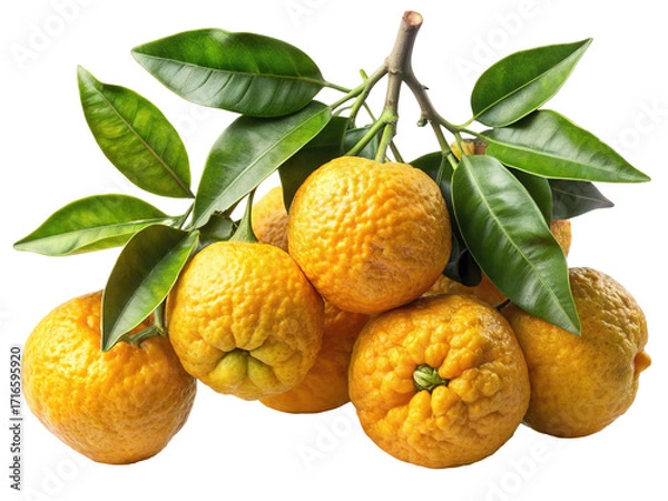 Fototapeta A cluster of ripe textured yellow citrus fruits with green leaves on a branch isolated on transparent background