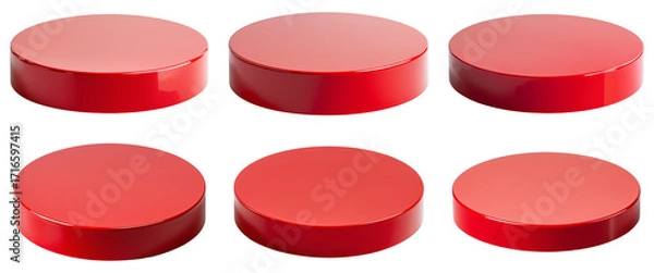 Fototapeta Six gleaming red circular podiums are displayed against on transparent background