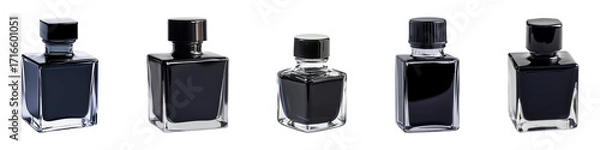 Fototapeta Several sleek glass bottles hold luxurious dark fragrance, set on transparent background