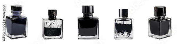 Fototapeta Five glass perfume bottles with varied black liquid contents on transparent background