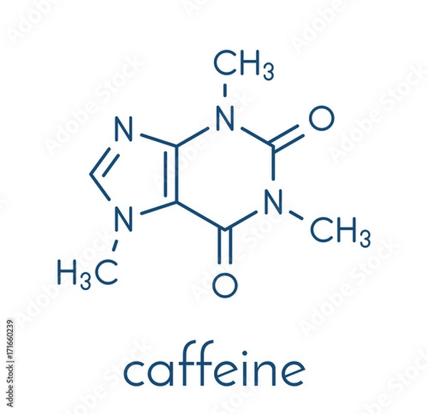 Fototapeta Cząsteczka stymulująca kofeinę. Występuje w kawie, herbacie i wielu napojach bezalkoholowych i energetyzujących. Formuła szkieletowa.