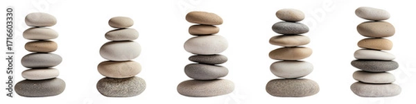 Fototapeta Five stacks of balanced smooth stones are standing tall on transparent background