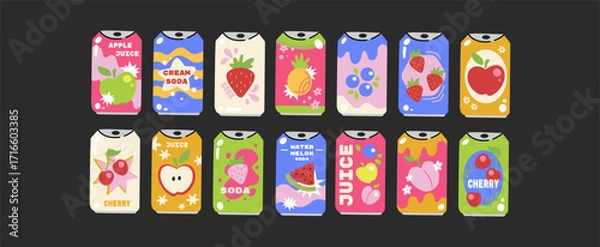 Fototapeta Soda cans and juice drinks set. Cartoon vector of fizzy soda, lemonade, cocktails, fruit juice in retro 90s groovy style