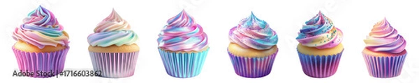 Fototapeta Six colorful cupcakes boast pastel frosting and creative paper wrappers on transparent background