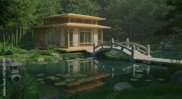 Fototapeta Traditional Japanese house with arched bridge over tranquil pond in lush garden