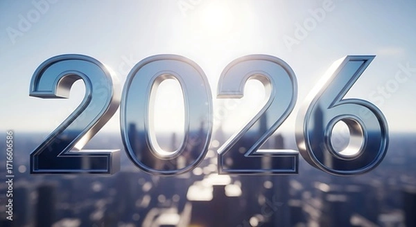 Fototapeta Metallic 2026 text rendered in 3D with a city skyline backdrop under bright sunlight, symbolizing future, growth, and new beginnings for the upcoming year