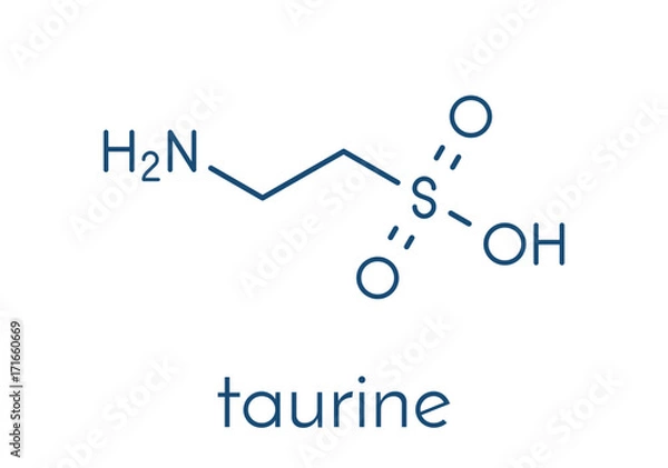 Fototapeta Taurine (2-aminoethanesulfonic acid) molecule. Common ingredient of energy drinks and nutritional supplements. Skeletal formula.