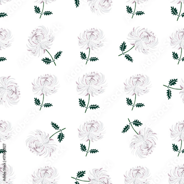 Fototapeta Chrysanthemum with leaves daisy hand drawn pattern on white