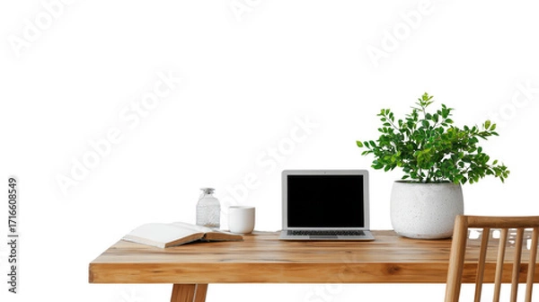 Obraz Office desk with laptop and green plants isolated on white background 