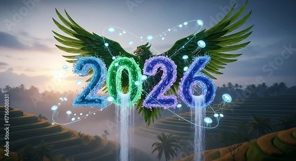 Fototapeta Countdown to a New Era Mystical Phoenix Rises in 2026, Symbolizing Rebirth and Innovation Amidst Serene Natural Landscapes and Futuristic Elements