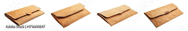 Fototapeta Four horizontal views depict tan leather envelopestyle clutch purses on transparent background