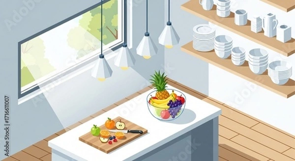 Fototapeta Kitchen Counter with Fruit Bowl and Window View