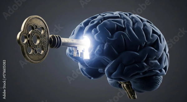 Obraz A powerful conceptual metaphor for unlocking the mind's potential, showing an antique key unlocking a glowing human brain to reveal creativity and intelligence.