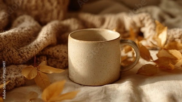Fototapeta Beige mug on a blanket with autumn leaves in soft warm light.