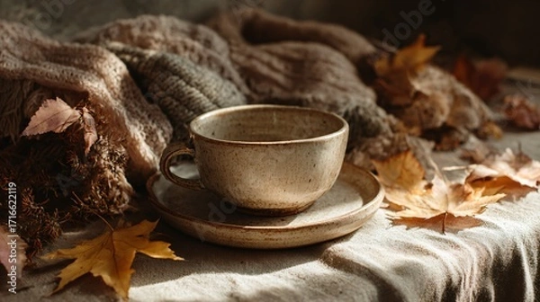 Fototapeta Cup and saucer on fabric with autumn leaves in a warm setting.
