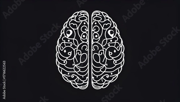 Fototapeta Meditative Brain Tattoo: White Line Cross-Section with Mandala Patterns and Geometric Shapes on Black Background – Inner Peace Mindfulness Art for 2025 Spiritual Trends